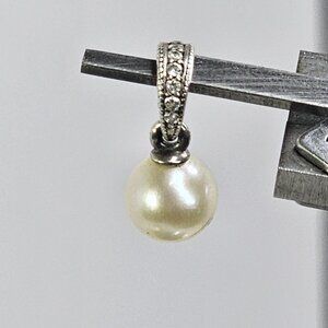 925 Sterling Silver Real Pearl Drop Pendant Clear Stone Accent Charm 1.38g